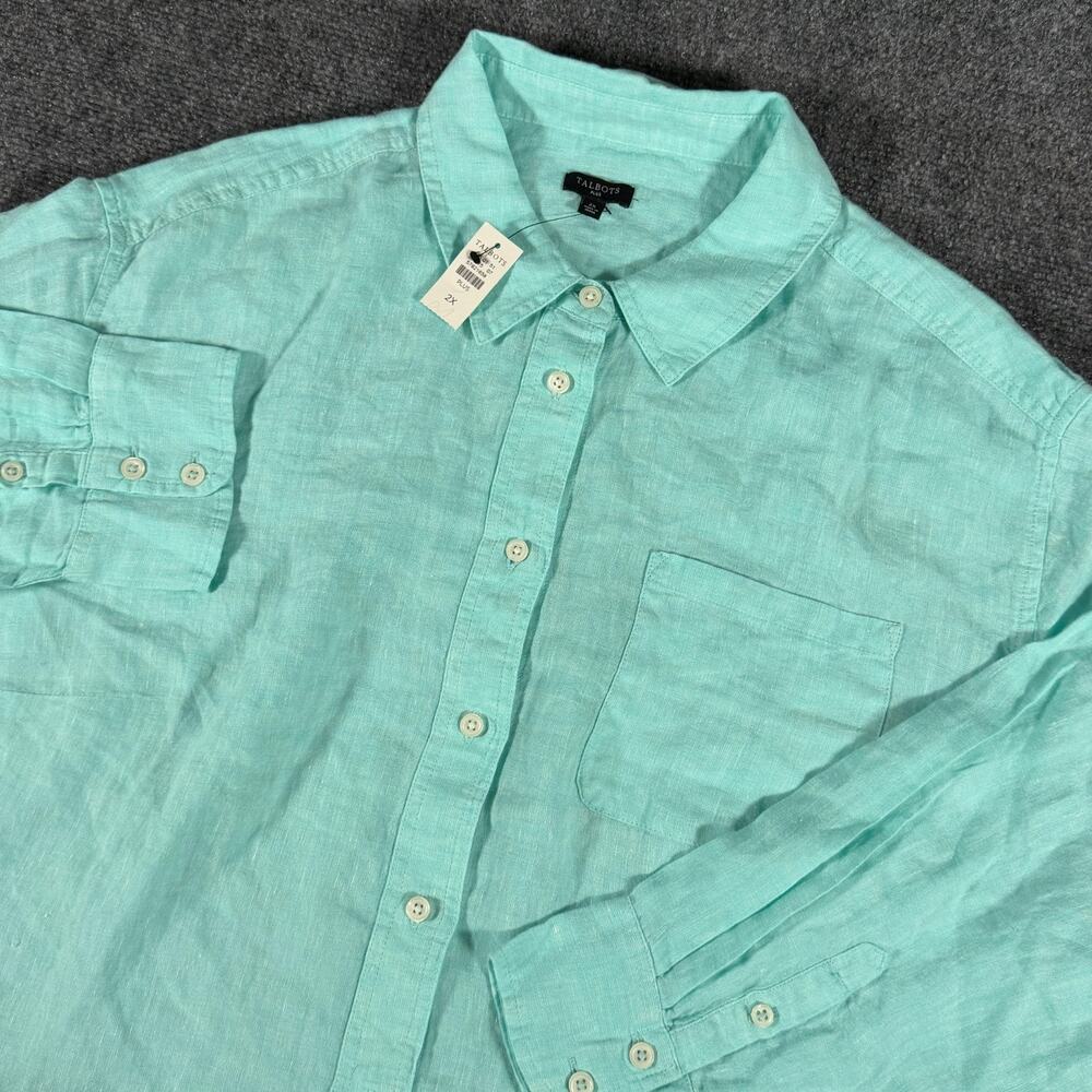 NWT Talbots Plus 2X 100% Linen Button Up Shirt Aqua Long Sleeve Pocket Top